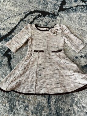 Janie and Jack Cream Knit Dress with Brown Trim and Bow